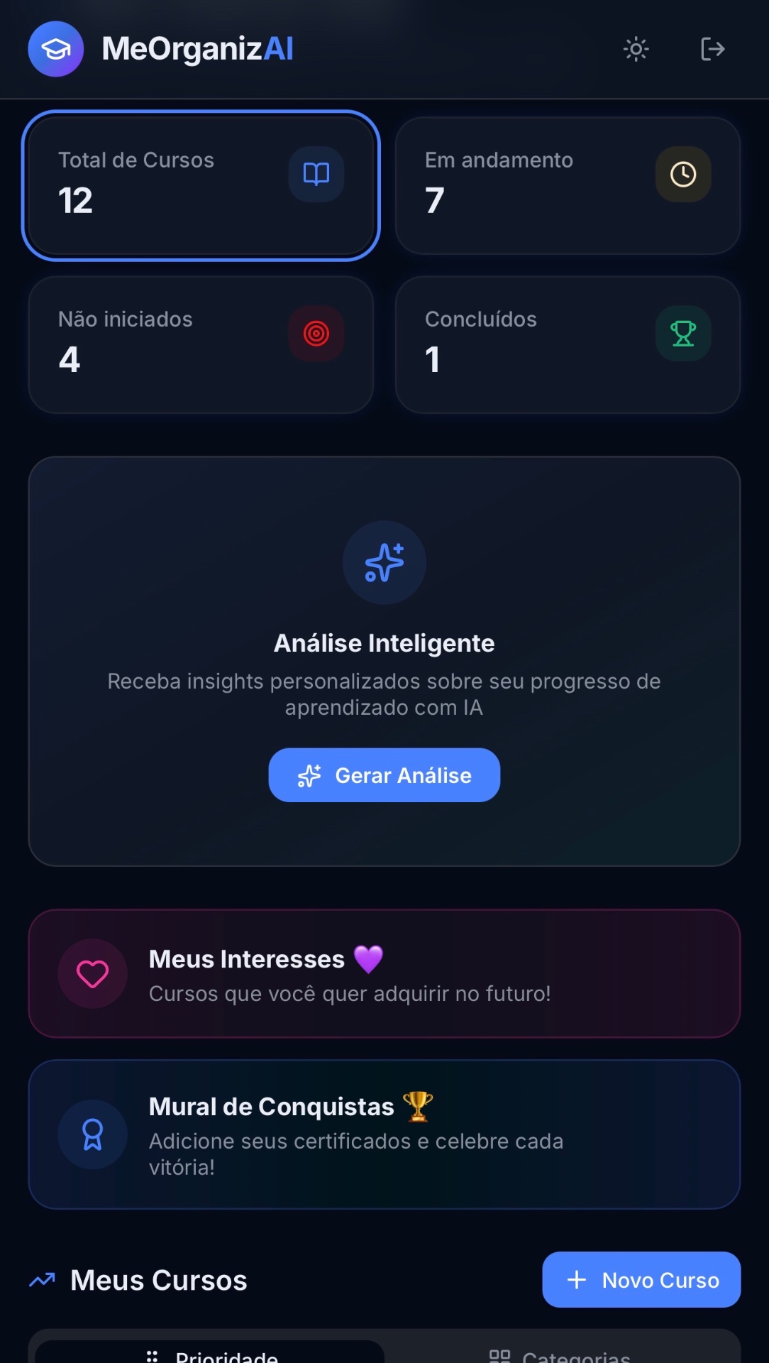 Dashboard — Visão geral com métricas e progresso